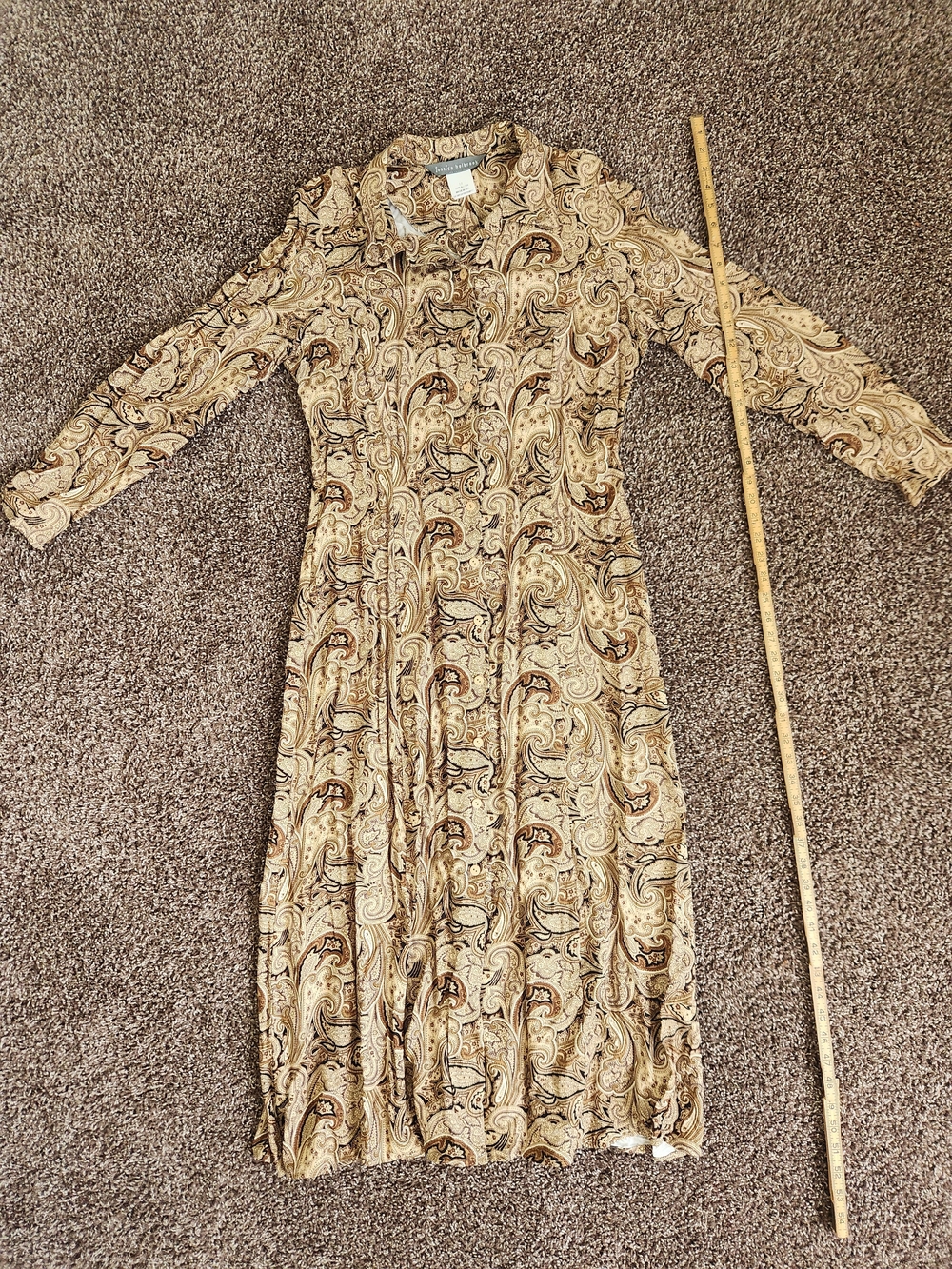 Jessica McClintock Beige Paisley Long Sleeve Midi Dress